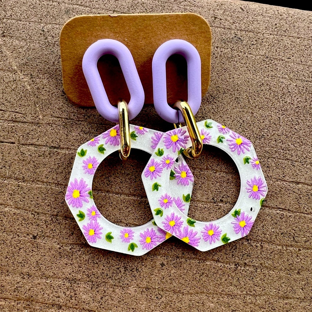 Purple Floral Circle Drop Earrings